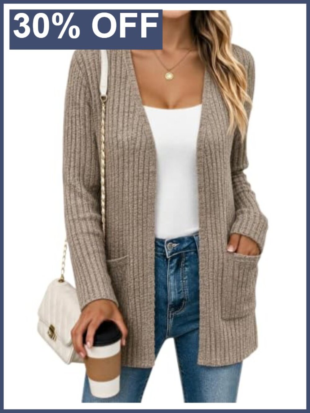 Lightweight Ribbed Knit Open Front Cardigan with Pockets